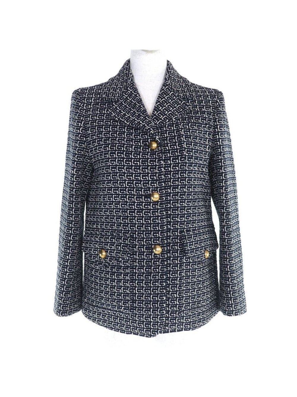 Gucci GG Pattern Signature Jacquard Wool Jacket Metal Button Black White 40